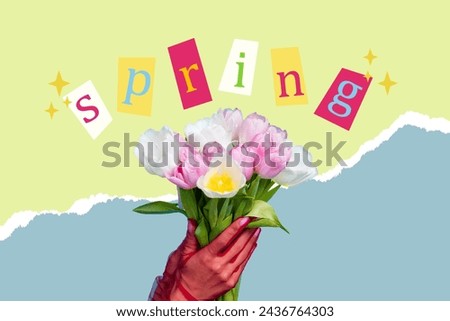 Collage picture of girl arms red gloves hold fresh tulip flowers spring poster isolated on creative paper background