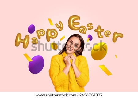 Photo collage picture young happy cheerful girl comfort fall holiday celebration tradition easter decorated eggs postcard congratulation