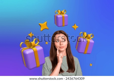 Creative photo picture collage thinking young excited unsure girl decide present choose giftbox birthday preparation drawing background
