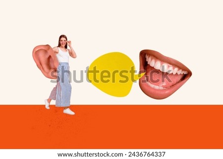 Trend artwork composite image 3D collage of young attractive lady hold in hand big ear huge gossip mouth tall rumors news scandal Royalty-Free Stock Photo #2436764337