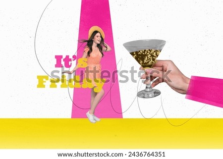 Collage picture of happy beautiful woman in dress have fun enjoy weekend hold huge glass alcohol cocktail isolated on creative background