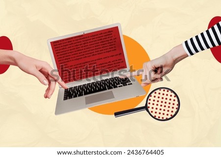 Composite photo collage of hands press button keyboard screen laptop article text user freelance author isolated on painted background