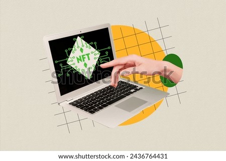 Composite photo collage of hands type laptop keyboard trading online work analysis cryptocurrency token isolated on painted background