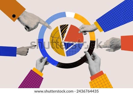 Collage picture of black white colors people arms point fingers hold pieces diagram stats isolated on creative background