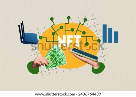 Composite photo collage of hands hold iphone internet wifi router fast connection dollars income earnings isolated on painted background