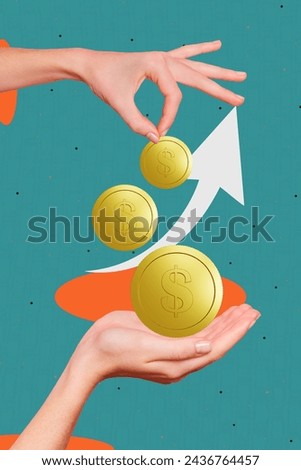 Vertical collage picture human hands hold golden tokens coins successful trader finance emoney increase profit income dynamic arrow