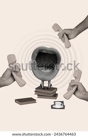 Composite trend artwork sketch image 3D photo collage of faceless huge woman mouth stand on lady legs gossip person talk landline phone