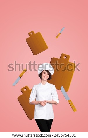 Vertical creative collage picture standing young chef cooker smiling restaurant worker desk knife prepare dinner lunch nutrition food dish