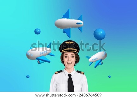 Creative photo picture collage flying airplane uniform woman pilot profession impressed emotional face expression travel agency tickets