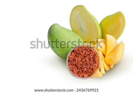 Mango, cut into bite-sized pieces, ready to eat. Ready to serve with dipping sauce, chili and salt, Thai style, Asian food. Royalty-Free Stock Photo #2436769921