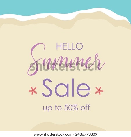 Hello summer sale background. Summer banner with sea and sand . Summer sale banner. Vector illustration summer greeting.