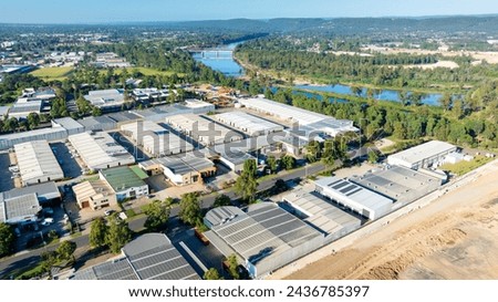 Drone aerial photograph of industrial buildings and surroundings in the Nepean Business Park in the greater Sydney suburb of Penrith in New South Wales in Australia Royalty-Free Stock Photo #2436785397