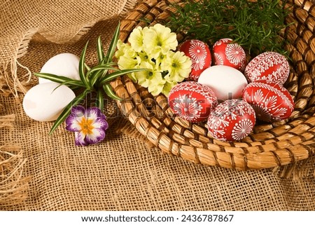 Easter - cheerful colorful Easter eggs - Czech tradition of decorating with wax,
still life with Easter eggs and spring flowers,