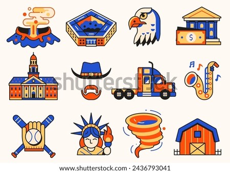 USA icons collection with popular landmarks and symbols. United States icon set of american cultural elements such as architectural monuments, tourist attractions, natural wonders and sports. Royalty-Free Stock Photo #2436793041