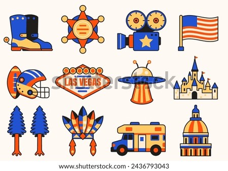 USA icons collection with popular landmarks and symbols. United States icon set of american cultural elements such as architectural monuments, tourist attractions, natural wonders and sports. Royalty-Free Stock Photo #2436793043