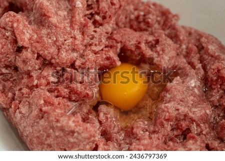 Raw minced meat with chicken egg, close-up