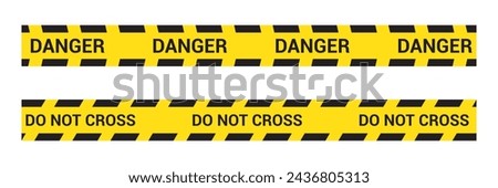 set of Yellow danger barricade tape with black diagonal stripes and text "Danger and DO NOT CROSS" . Vector template of seamless warning, caution ribbon for construction works or crime scene
