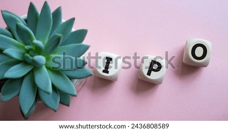 IPO- Initial Public Offering symbol. Concept word IPO on wooden cubes. Beautiful pink background with succulent plant. Business and IPO concept. Copy space.