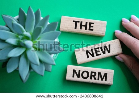 The new norm symbol. Concept words The new norm on wooden blocks. Beautiful green background with succulent plant. Businessman hand. Business and The new norm concept. Copy space. Royalty-Free Stock Photo #2436808641