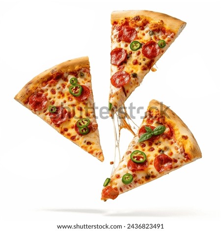 Pizza slices flying, isolated on white background. Delicious peperoni pizza slices pepperonis and olives, flying pizza pieces with melting cheese. 