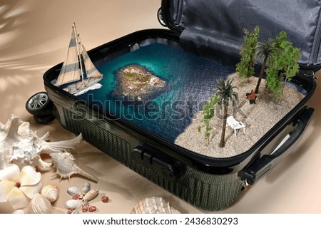 "Time to get Vitamin-SEA" The conceptual art of the opened suitcase that have the landscape of the beach was set inside by scale models mixed with real image.