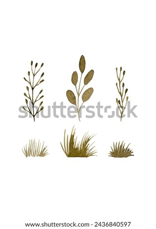 Budding branches. Clip-art of grass and branches with leaves. Watercolor illustration. Ideal for Easter and spring decor