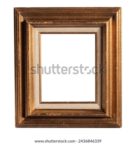 Old picture, photo wooden frame in gold paint. Isolated golden frame with white background. 