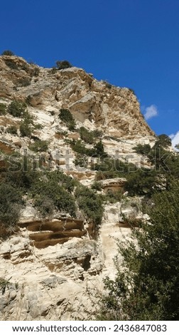 A steep rocky hill is in the lower left corner of the picture, with white rocks and some green bushes and trees on it. There is an entrance to a cave under the cliff on the upper right side,
