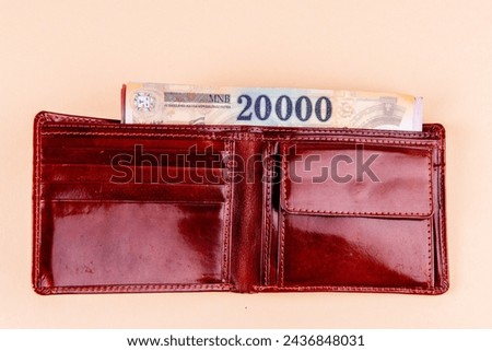 Hungarian HUF 20,000 banknotes in brown leather wallet