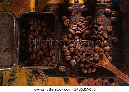 Food background- roasted coffee beans. Still life- dark food photography. Chiaroscuro- gloomy style. Photo- clip art Royalty-Free Stock Photo #2436859695