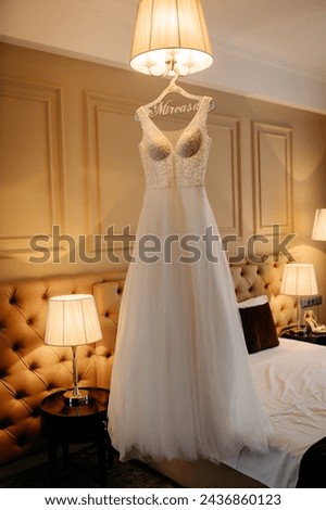 Close up picture of a wedding bride dress, nobody in the picture