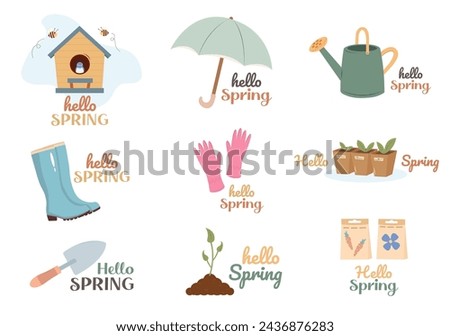 Hello spring set of garden elements. Hand-drawn colorful spring templates with elements and phrases for postcards, posters, stickers. Vector illustration.
