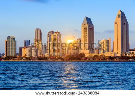 San Diego skyline at sunset, CA