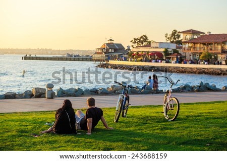 Sunset at San Diego Waterfront Public Park, Marina and the San Diego Skyline. California, United States.