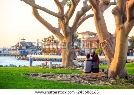 Sunset at San Diego Waterfront Public Park, Marina and the San Diego Skyline. California, United States.