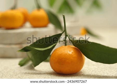 Small orange or tangarine on brown background. Jeruk Royalty-Free Stock Photo #2436907267