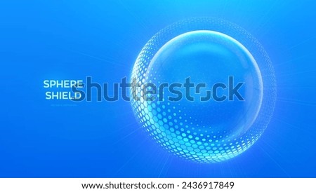 Glass transparent protection sphere shield. Sphere shield with hexagon pattern on blue background. Bubble shield in the form of a force energy field. Protection and safety concept. Vector illustration Royalty-Free Stock Photo #2436917849