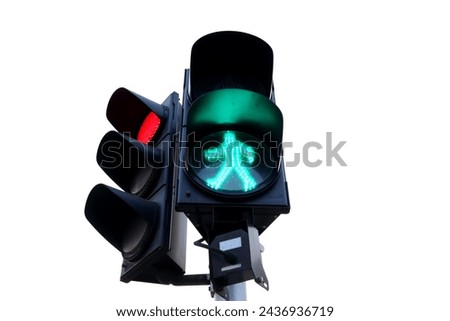 Green light man symbol sign for pedestrian cross road on trafiic light at junction in Bangkok and another side red light with white background, Thailand.