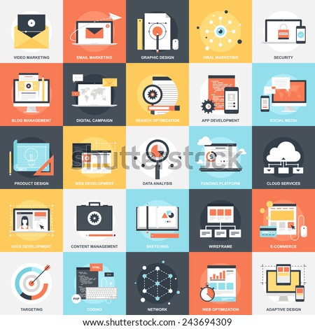 Abstract vector collection of colorful flat SEO and development icons. Design elements for mobile and web applications. Royalty-Free Stock Photo #243694309