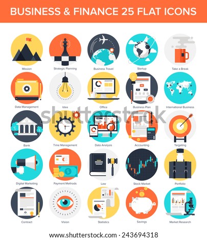 Vector collection of colorful flat business and finance icons. Design elements for mobile and web applications. Royalty-Free Stock Photo #243694318