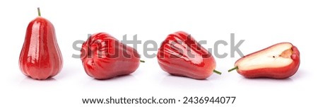 Red rose apple fruit with green leaf  isolated on white background.