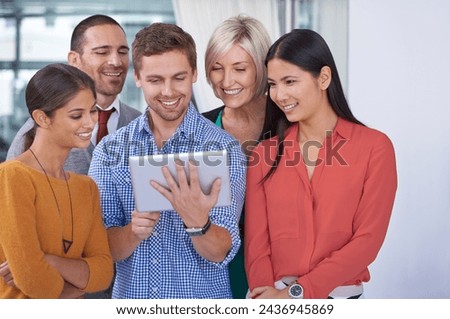 Business people, group and meeting with tablet, typing and internet with connection and social media. Staff, manager and employee with editor for a magazine and online news with journalist and tech