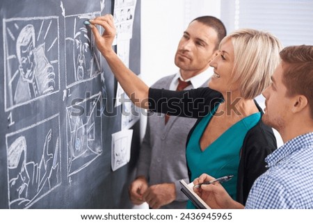 Business people, brainstorming and blackboard with creativity, planning and meeting with ideas. Group, cartoon and manager with employees and chalk with drawing or teamwork with comic strip and story