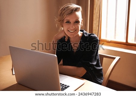 Portrait, business woman or laptop for remote work with confidence, technology or freelancer in home office. Person, editor or happy face with computer by workspace and connection or online research