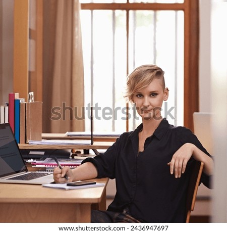 Portrait, businesswoman and technology in home office with confidence, notes and freelancer with productivity. Face, editor and pride with cellphone and laptop for connectivity and online research