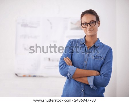 Architecture, planning and portrait of business woman with documents, blueprint or floorplan. Crossed arms, professional and person with illustration, design or drawing for ideas, project or building