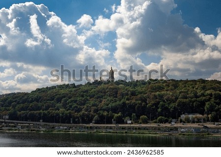 View of the right bank of the Dnieper River and the Right Bank of Kyiv city. The Dnieper River. Kyiv-Pechersk Lavra Royalty-Free Stock Photo #2436962585
