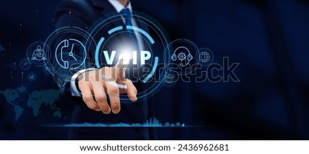 VOIP Global Communications Connectivity Business Information Web Technology. Voice over IP - phone internet call concept. Businessman touching the icon on screen  Royalty-Free Stock Photo #2436962681