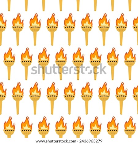 Torch with burning flame seamless pattern. golden symbol of sport, games, victory and champion competition endless background. Vector flat illustration repeat background.