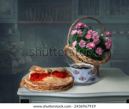 Still life with basket of carnation flowers and pancakes